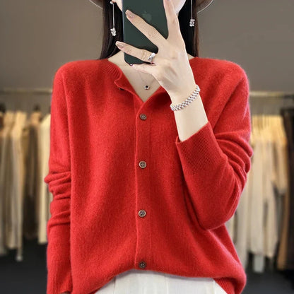 Comfortable Cardigan Sweater for Women with Round Neck Long Sleeve Button Front Relaxed Knit Style