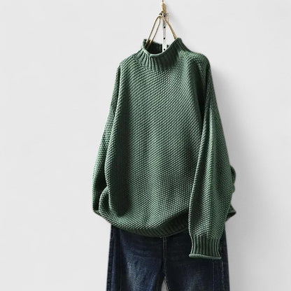 Comfortable Chunky Sweater for Women with Mock Neck Long Sleeve Relaxed Oversized Curved Hem Style
