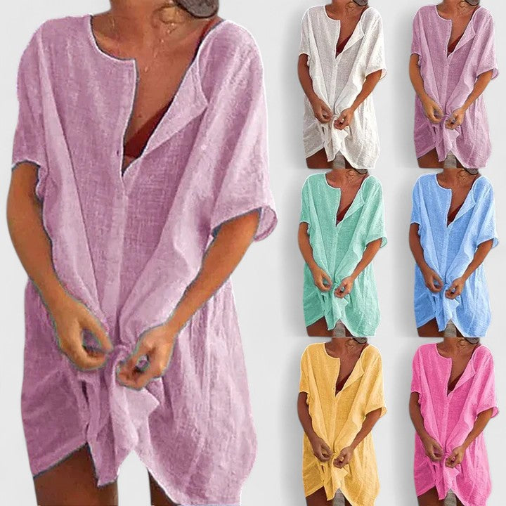 Effortless Linen Cover Up Dress for Women with V Neck Short Sleeve Button Front Relaxed Style