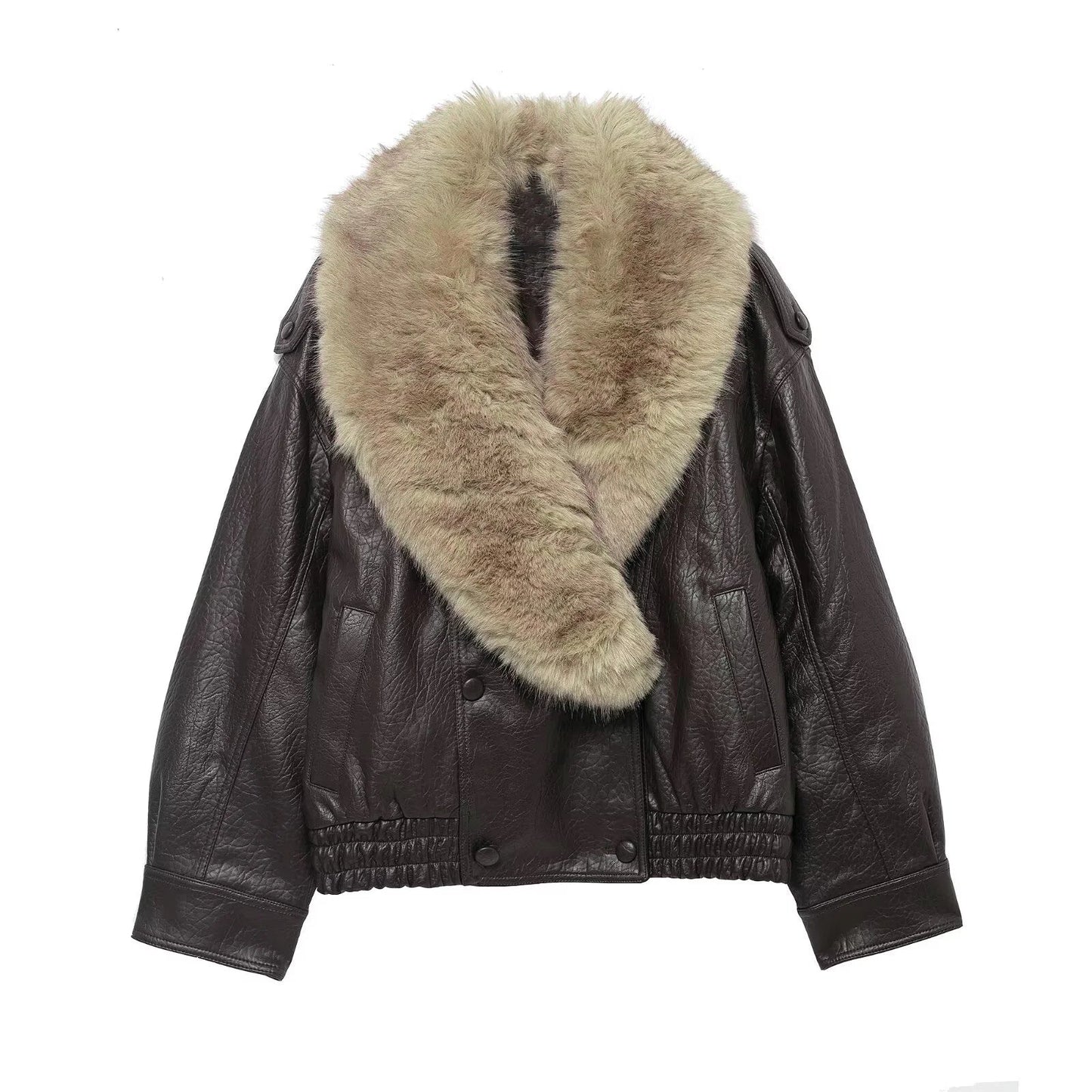 Stylish Leather Bomber Jacket for Women with Faux Fur Collar Long Sleeve Snap Button Relaxed Style