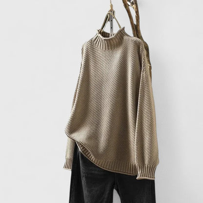 Comfortable Chunky Sweater for Women with Mock Neck Long Sleeve Relaxed Oversized Curved Hem Style