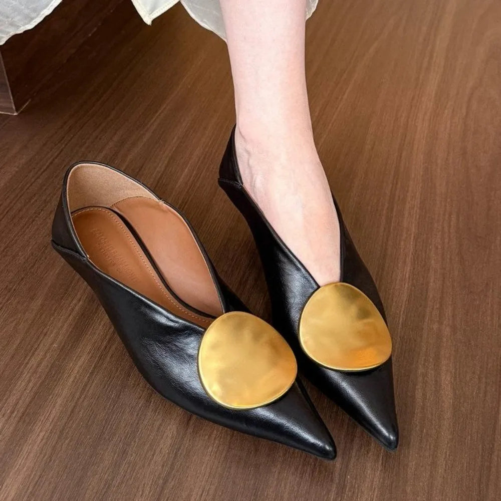 Elegant Leather Kitten Heel Pump for Women with Pointed Toe Gold Accent Sleek Style