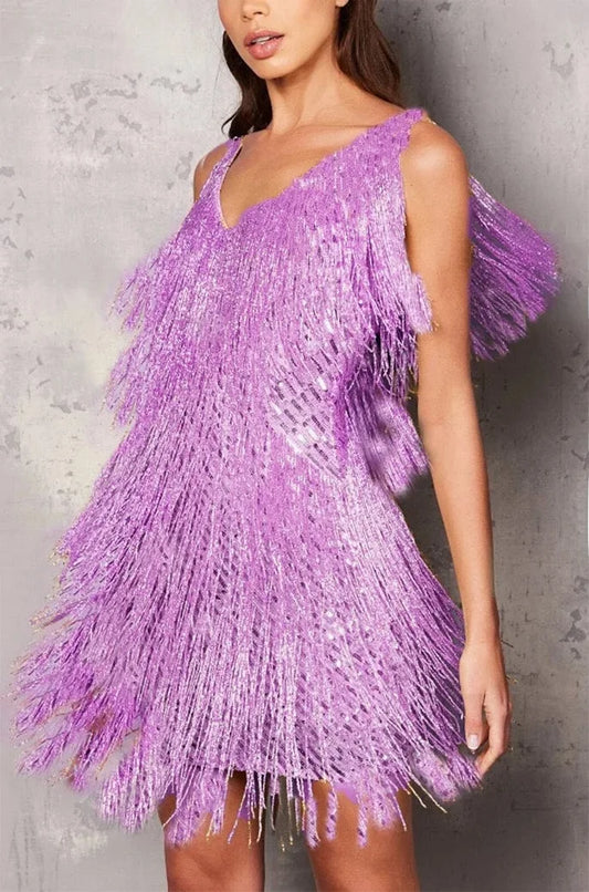 Elegant Sequin Fringe Mini Dress for Women with V Neck Sleeveless Tiered Flapper Style