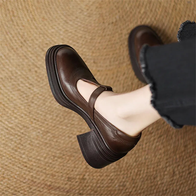 Stylish Leather Mary Jane Shoes for Women with T Strap Buckle Platform Chunky Heel Vintage Style