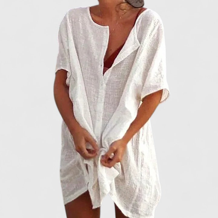 Effortless Linen Cover Up Dress for Women with V Neck Short Sleeve Button Front Relaxed Style