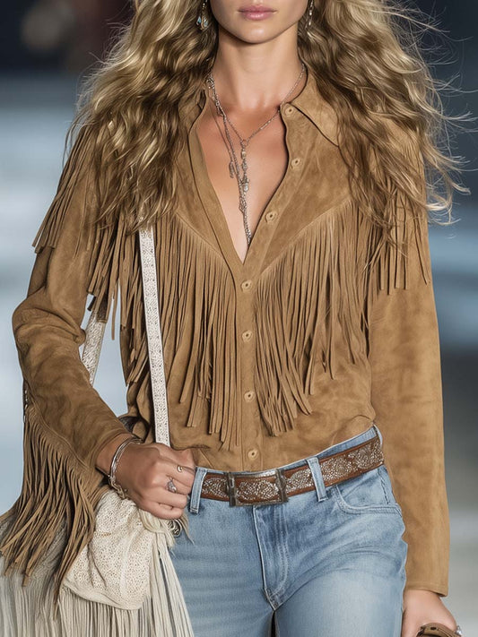 Elegant Light Brown Suede Fringe Blouse for Women with Collar Long Sleeve Button Front Western Boho Style