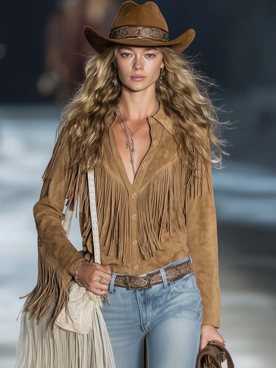 Elegant Light Brown Suede Fringe Blouse for Women with Collar Long Sleeve Button Front Western Boho Style