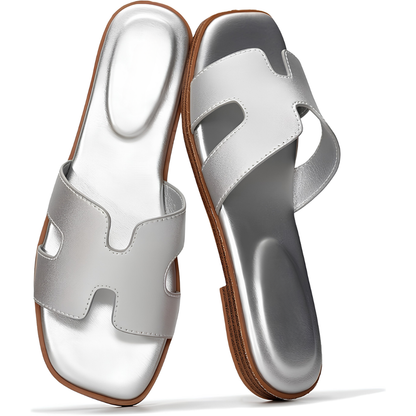 Comfortable Leather Sandals for Women with Cutout Strap Square Toe Flat Slide Style