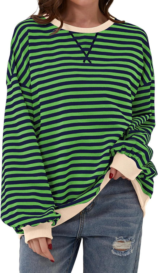 Comfortable Striped Sweatshirt for Women with Crew Neck Long Sleeve Oversized Colorblock Trim Relaxed Knit Style