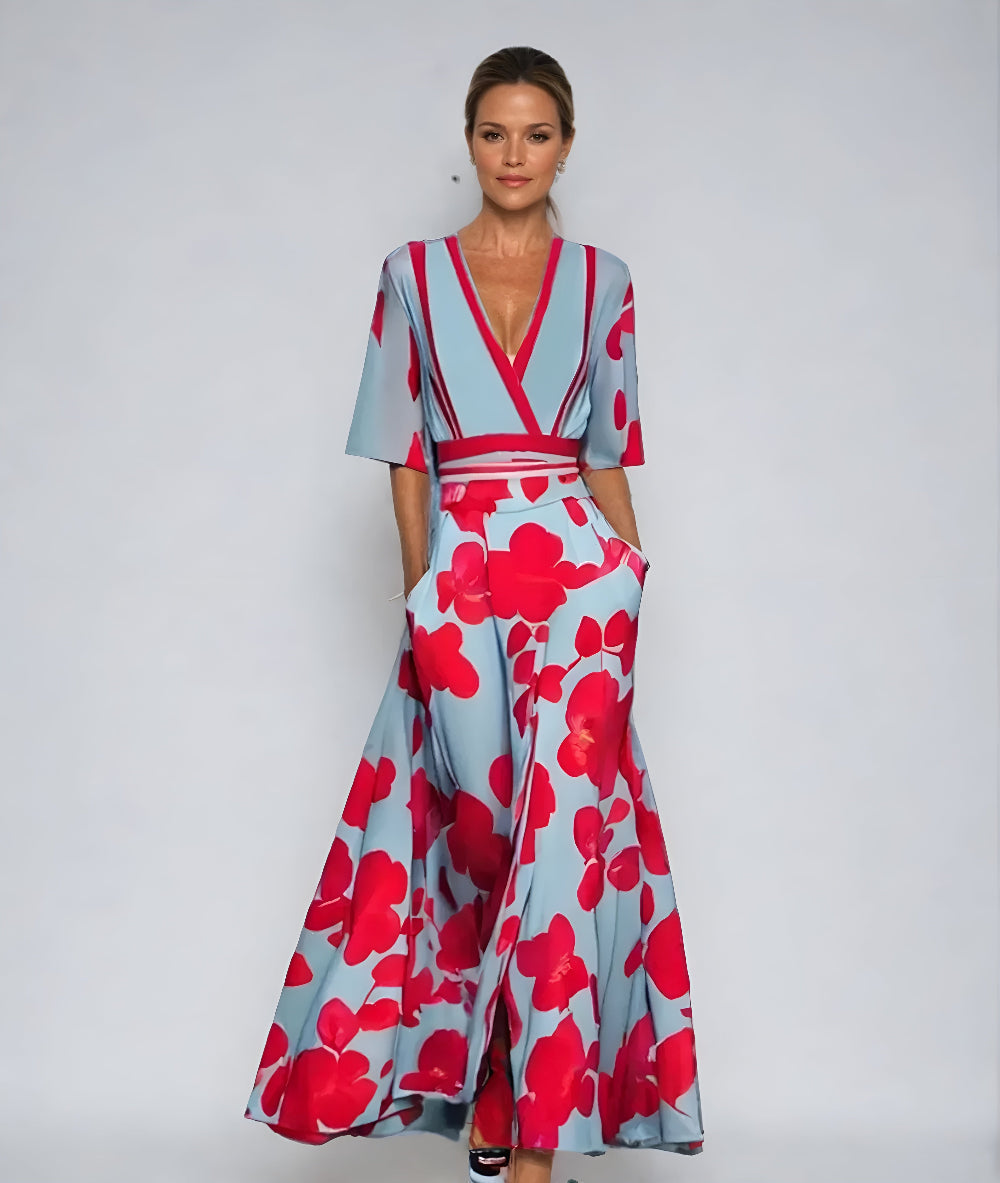 Elegant Blue Floral Jumpsuit for Women with Wrap V Neck Elbow Sleeve Wide Leg Belted Style