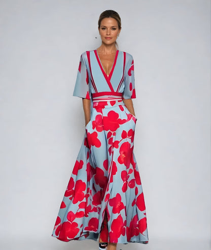 Elegant Blue Floral Jumpsuit for Women with Wrap V Neck Elbow Sleeve Wide Leg Belted Style