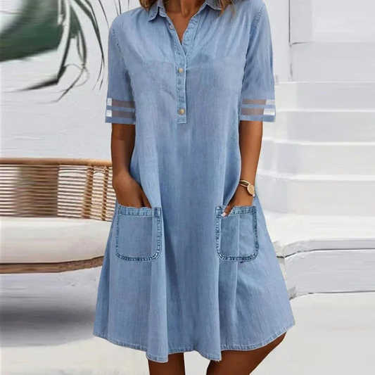 Effortless Blue Denim Shirt Dress for Women with Collar Half Sleeve Button Front Pocket Casual Style