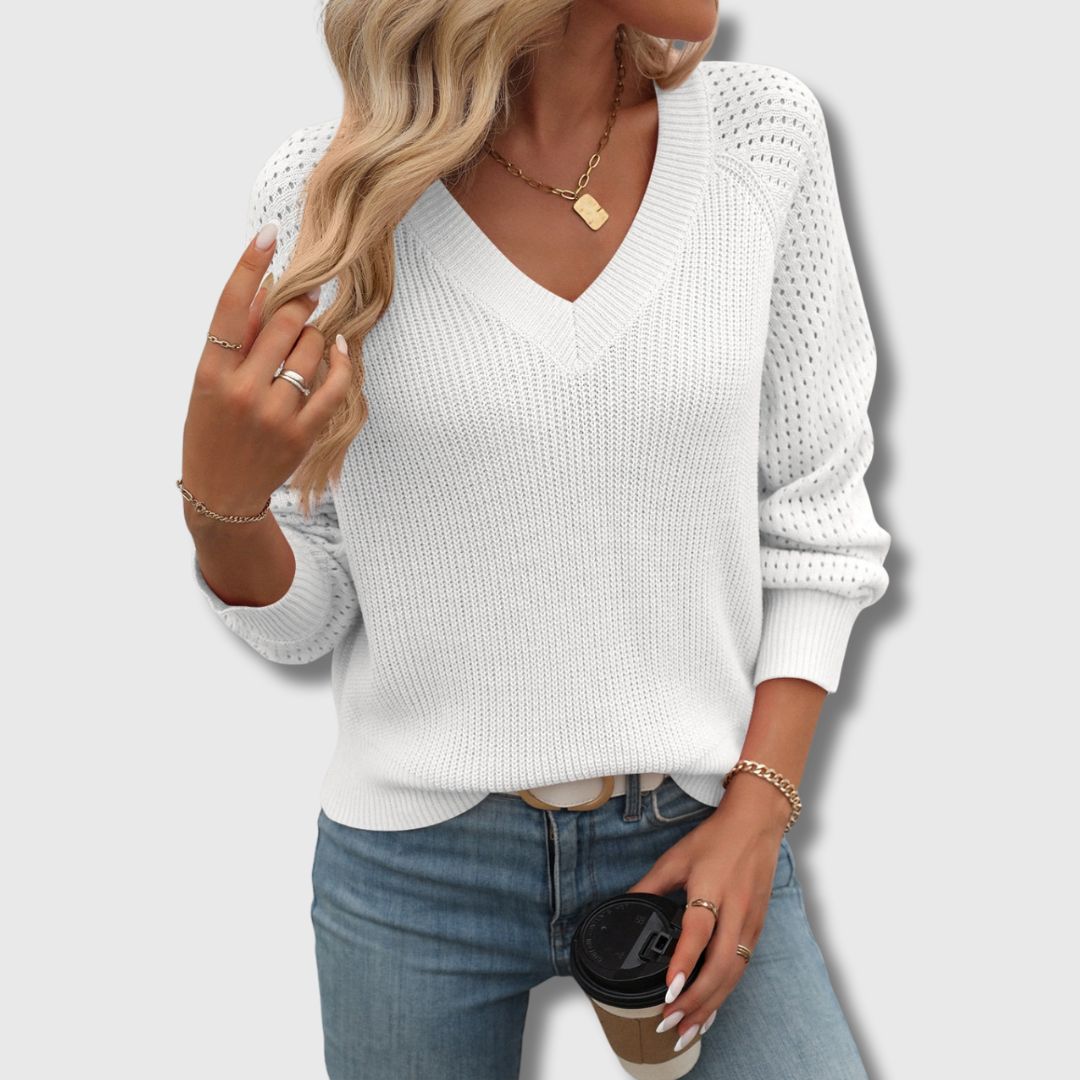 Comfortable Crochet Sleeve Sweater for Women with V Neck Long Sleeve Relaxed Knit Style