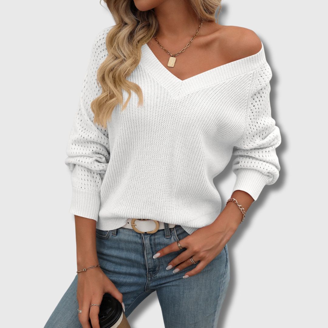Comfortable Crochet Sleeve Sweater for Women with V Neck Long Sleeve Relaxed Knit Style