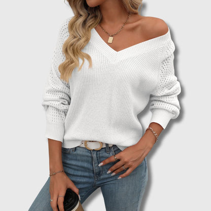 Comfortable Crochet Sleeve Sweater for Women with V Neck Long Sleeve Relaxed Knit Style