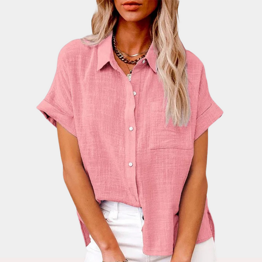Effortless Linen Blouse for Women with Collar Short Sleeve Button Front High Low Style