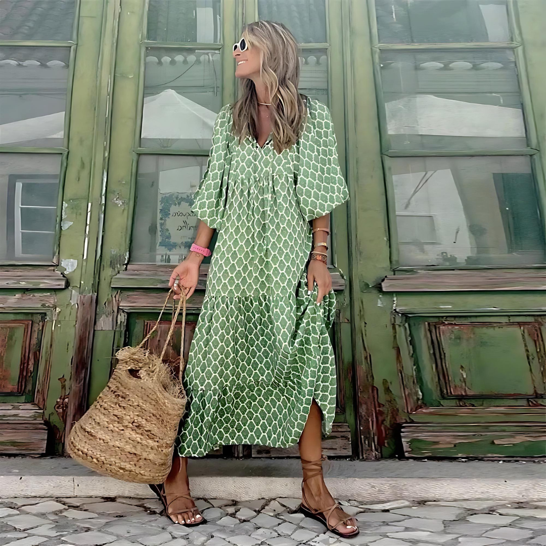 Effortless Floral Maxi Dress for Women with V Neck Bell Sleeve Tiered Ruffle Flowing Bohemian Style