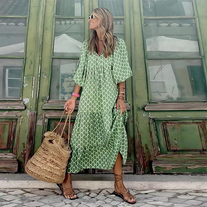 Effortless Floral Maxi Dress for Women with V Neck Bell Sleeve Tiered Ruffle Flowing Bohemian Style