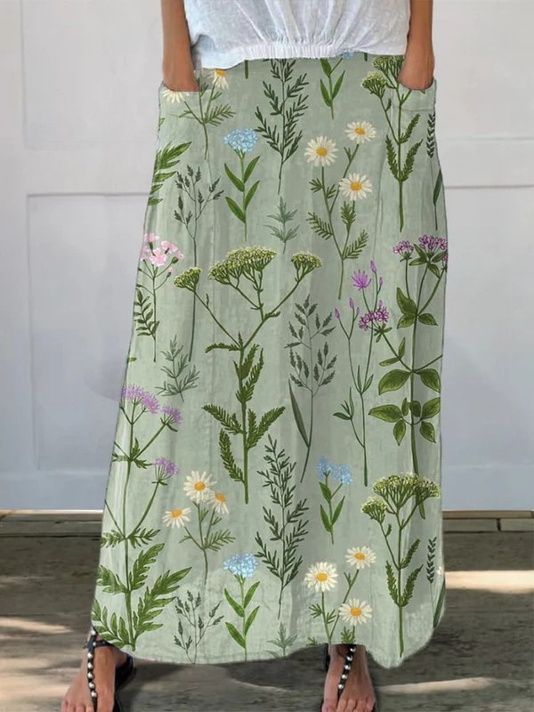 Effortless Green Floral Maxi Skirt for Women with High Waist Botanical Print Flowing Casual Style
