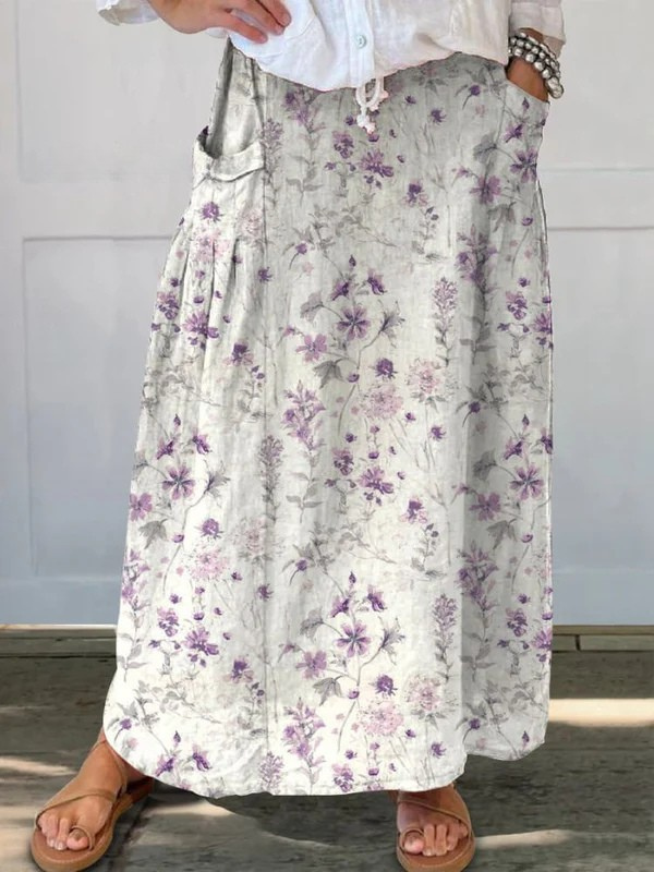 Effortless White Floral Maxi Skirt for Women with High Waist Drawstring Pocket Flowing Bohemian Style