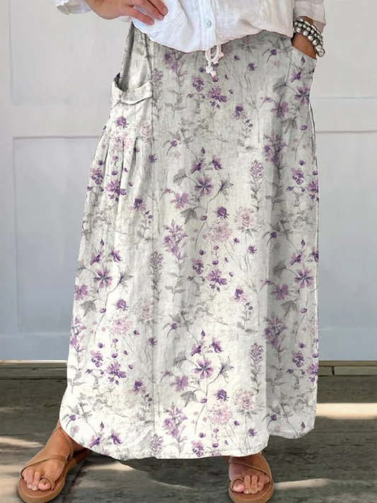 Effortless White Floral Maxi Skirt for Women with High Waist Drawstring Pocket Flowing Bohemian Style