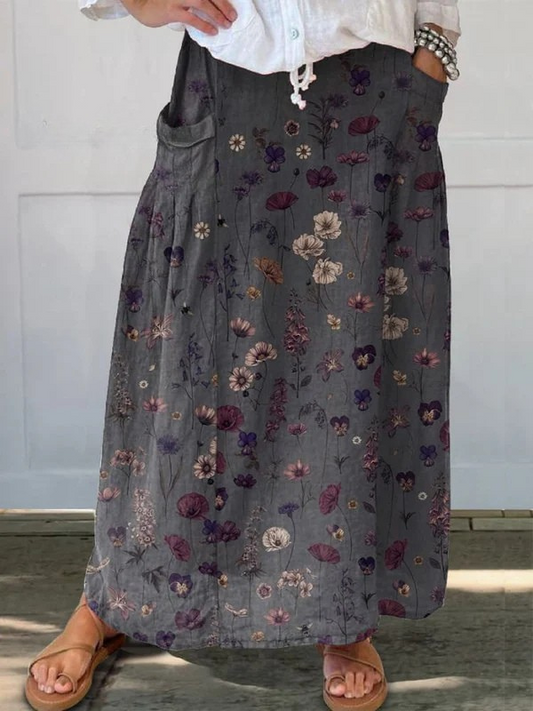 Effortless Black Floral Maxi Skirt for Women with Drawstring Waist Patch Pocket Flowing Bohemian Style