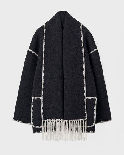Elegant Wool Cape Jacket for Women with Scarf Collar Long Sleeve Whipstitch Fringe Oversized Style