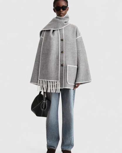 Elegant Wool Cape Jacket for Women with Scarf Collar Long Sleeve Whipstitch Fringe Oversized Style