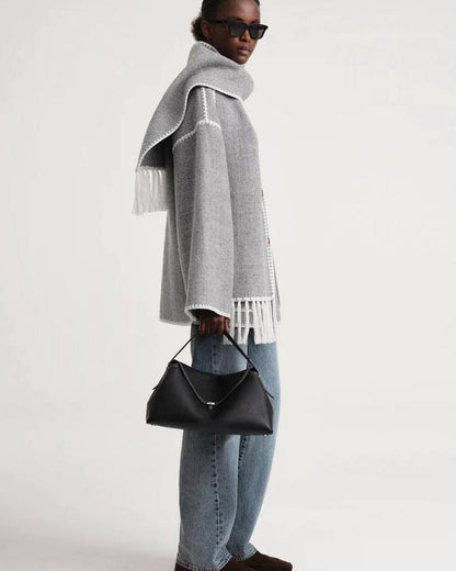Elegant Wool Cape Jacket for Women with Scarf Collar Long Sleeve Whipstitch Fringe Oversized Style