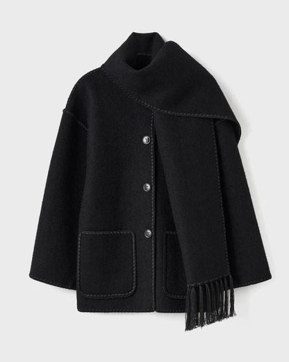 Elegant Wool Cape Jacket for Women with Scarf Collar Long Sleeve Whipstitch Fringe Oversized Style