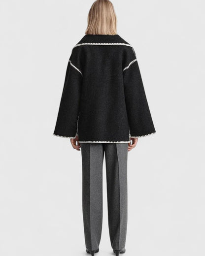 Elegant Wool Cape Jacket for Women with Scarf Collar Long Sleeve Whipstitch Fringe Oversized Style
