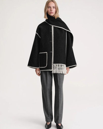 Elegant Wool Cape Jacket for Women with Scarf Collar Long Sleeve Whipstitch Fringe Oversized Style