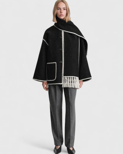Elegant Wool Cape Jacket for Women with Scarf Collar Long Sleeve Whipstitch Fringe Oversized Style