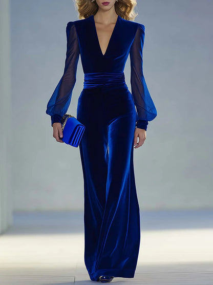 Elegant Velvet Jumpsuit for Women with V Neck Sheer Bishop Sleeve Wide Leg Formal Style