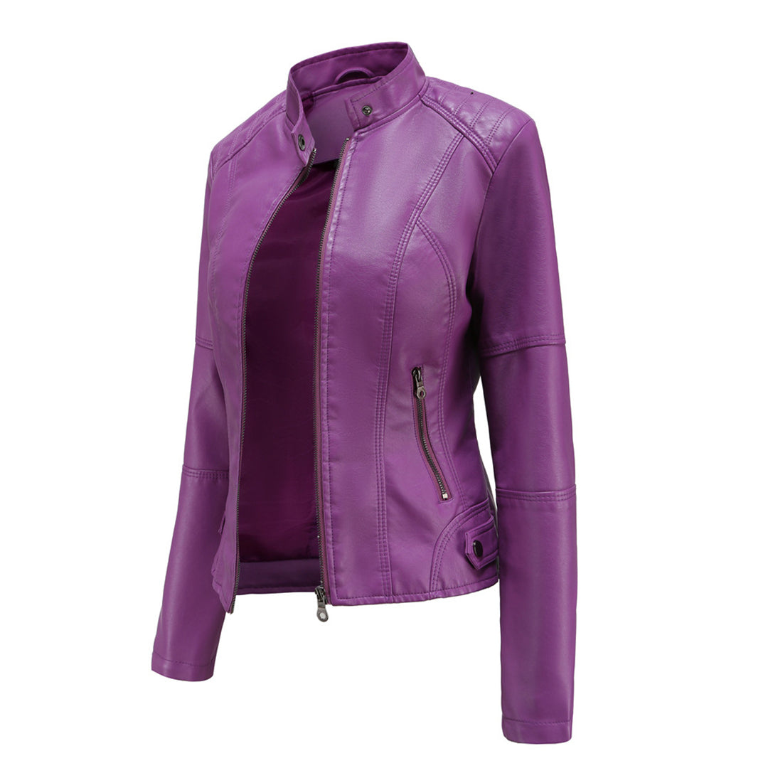 Stylish Faux Leather Moto Jacket for Women with Stand Collar Long Sleeve Cropped Fitted Casual Style