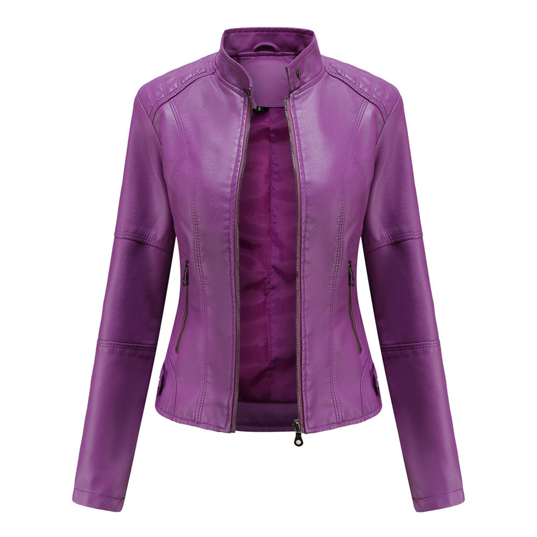 Stylish Faux Leather Moto Jacket for Women with Stand Collar Long Sleeve Cropped Fitted Casual Style
