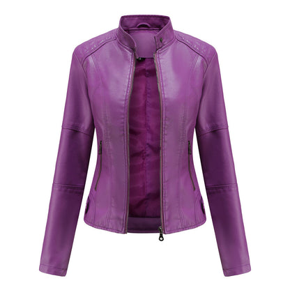 Stylish Faux Leather Moto Jacket for Women with Stand Collar Long Sleeve Cropped Fitted Casual Style