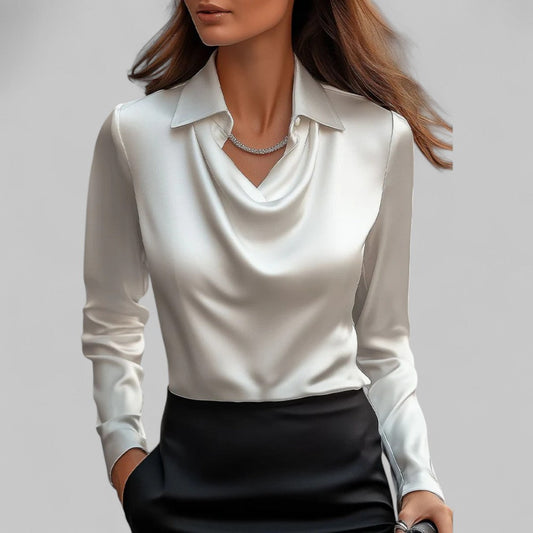 Elegant Satin Blouse for Women with Cowl Neck Long Sleeve Draped Silky Style