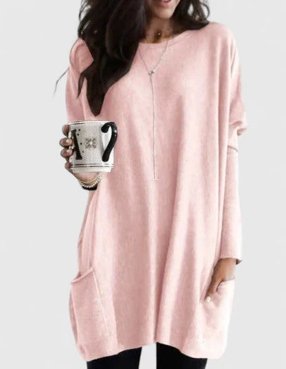Comfortable Sweater Dress for Women with Round Neck Long Sleeve Front Pocket Oversized Knit Style