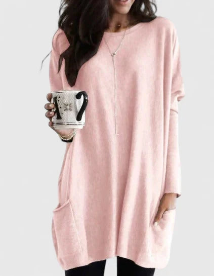 Comfortable Sweater Dress for Women with Round Neck Long Sleeve Front Pocket Oversized Knit Style