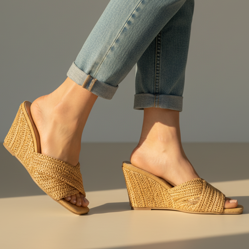 Stylish Woven Raffia Wedge Sandal for Women with Crisscross Open Toe Braided Strap Platform Style