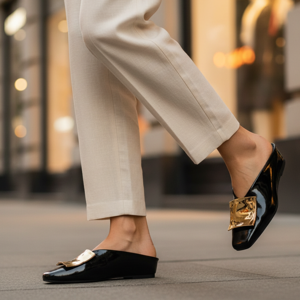Elegant Leather Mule Flats for Women with Square Toe Gold Buckle Backless Slip On Style