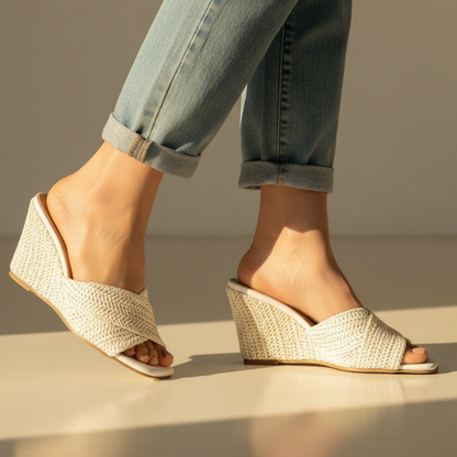 Stylish Woven Raffia Wedge Sandal for Women with Crisscross Open Toe Braided Strap Platform Style