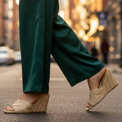 Stylish Woven Raffia Wedge Sandal for Women with Crisscross Open Toe Braided Strap Platform Style