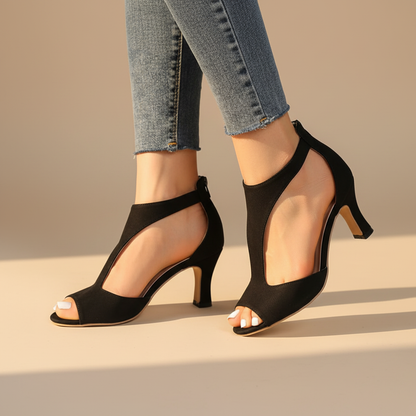 Elegant Cutout Peep Toe Heeled Sandal for Women with T Strap Ankle Zip Stiletto Style