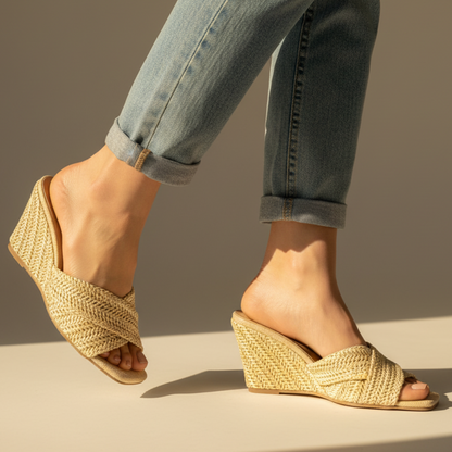 Stylish Woven Raffia Wedge Sandal for Women with Crisscross Open Toe Braided Strap Platform Style