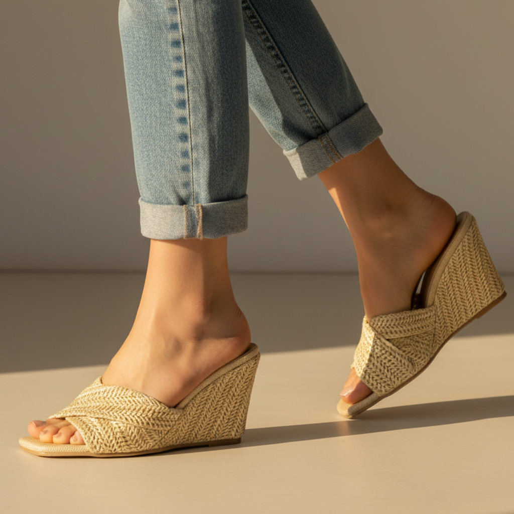 Stylish Woven Raffia Wedge Sandal for Women with Crisscross Open Toe Braided Strap Platform Style