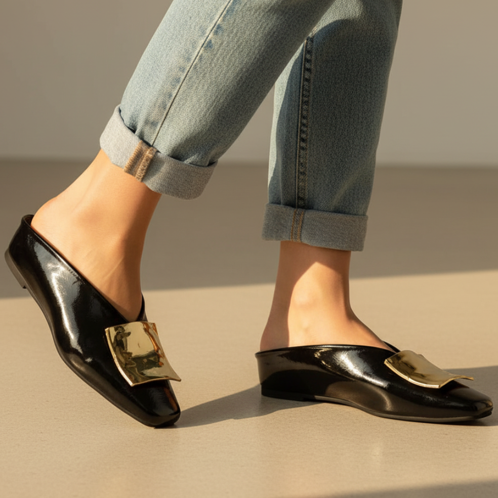 Elegant Leather Mule Flats for Women with Square Toe Gold Buckle Backless Slip On Style