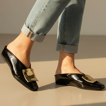 Elegant Leather Mule Flats for Women with Square Toe Gold Buckle Backless Slip On Style