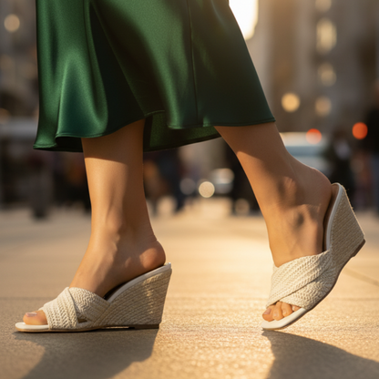 Stylish Woven Raffia Wedge Sandal for Women with Crisscross Open Toe Braided Strap Platform Style